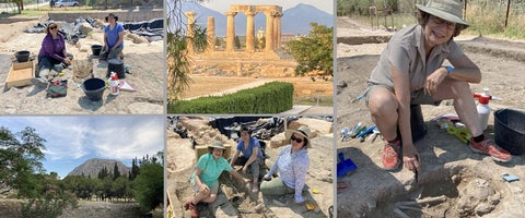 A collage of images of professors and students on an excavation site in Greece, including an image of a partially uncovered skeleton and landscape shots.