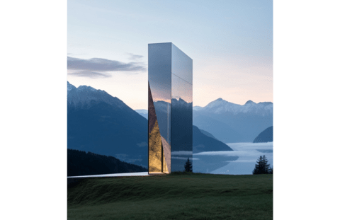 A tall narrow reflective structure in a field with snow capped mountains and a lake in the background