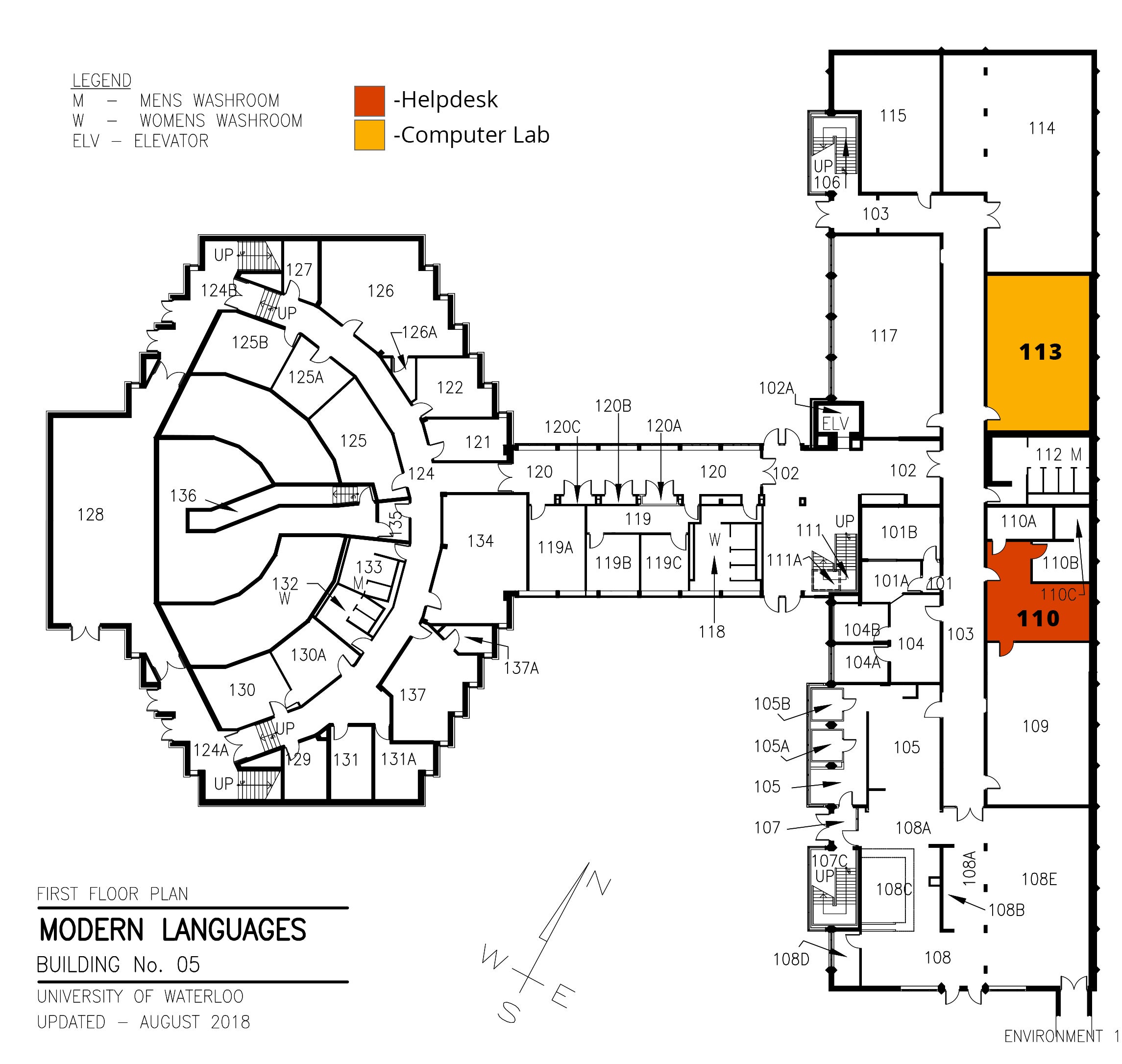 A map of the arts computing office's facilities in the Modern Languages building. There is a computer lab in ML-113 and a helpdesk in ML-110.