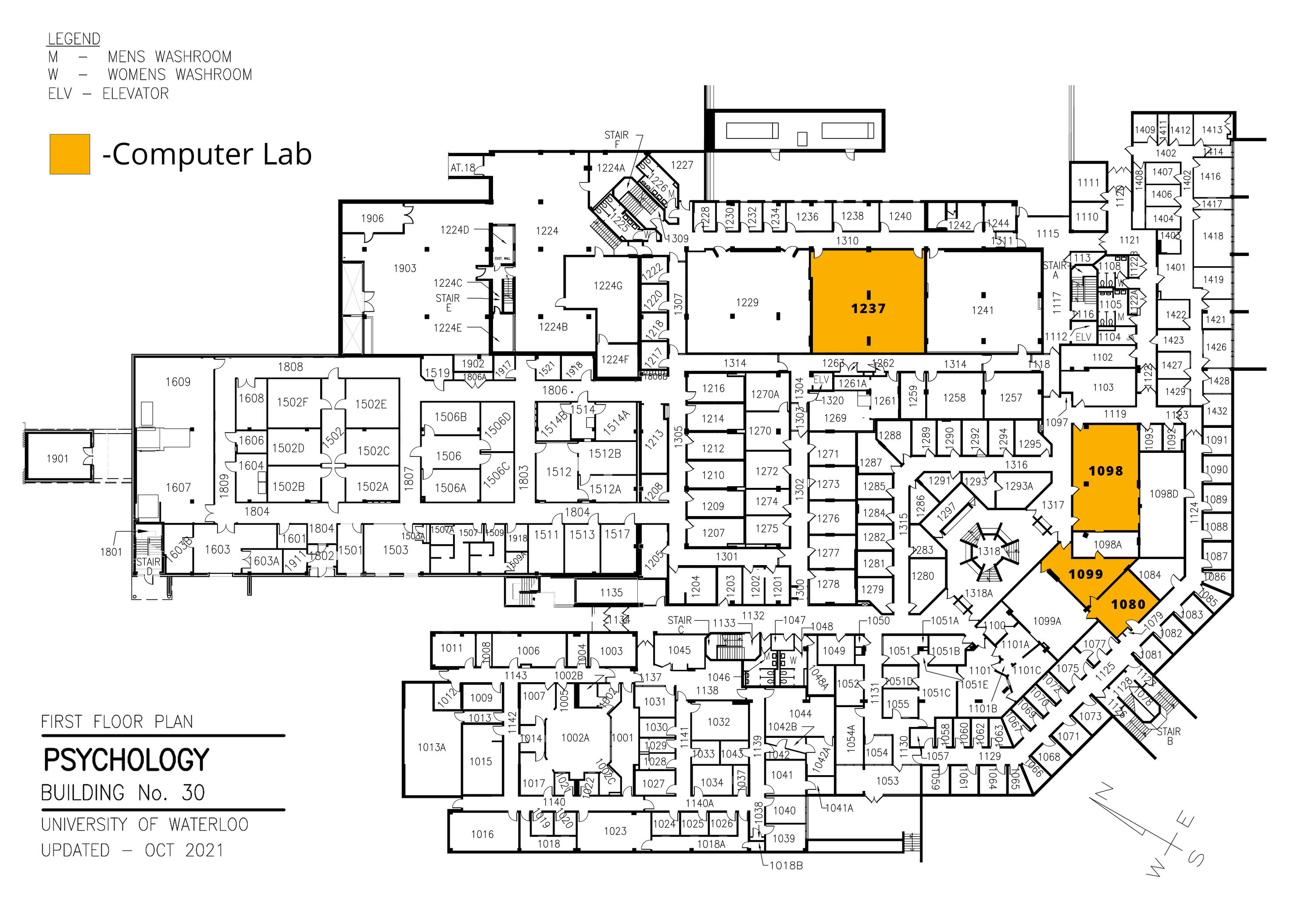 A map of the arts computing office's computer labs in the Psychology, Anthropology and Sociology building. The computer labs are in rooms PAS-1099, PAS-1089, PAS-1080, and PAS-1237.
