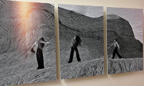 three digital prints featuring landscape and human figure