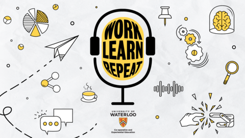 Illustartion of a microphone inscribed with the text "Work, Learn, Repeat". Icons in the background are imagess associated with the topic.
