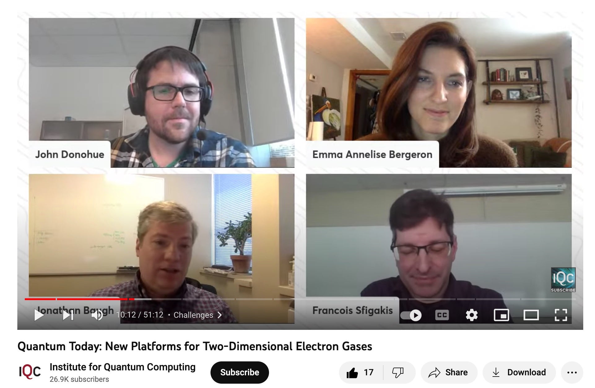 Online meeting with four attendees: John Donohue (top left), Emma Annelise Bergeron (top right), Prof. Baugh (bottom left), and Francois Sfigakis (bottom left)