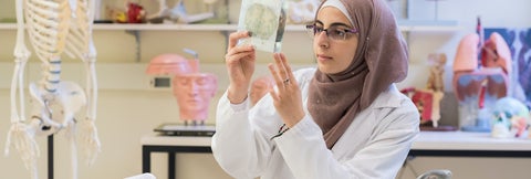 Nooran AbuMazen studying samples of a brain. 