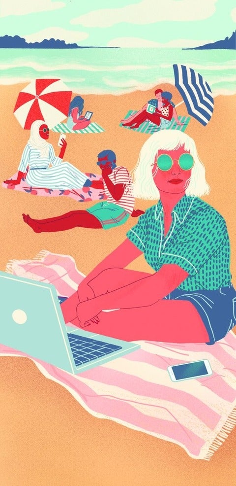 cartoon graphic image of women on beach wearing sunglasses