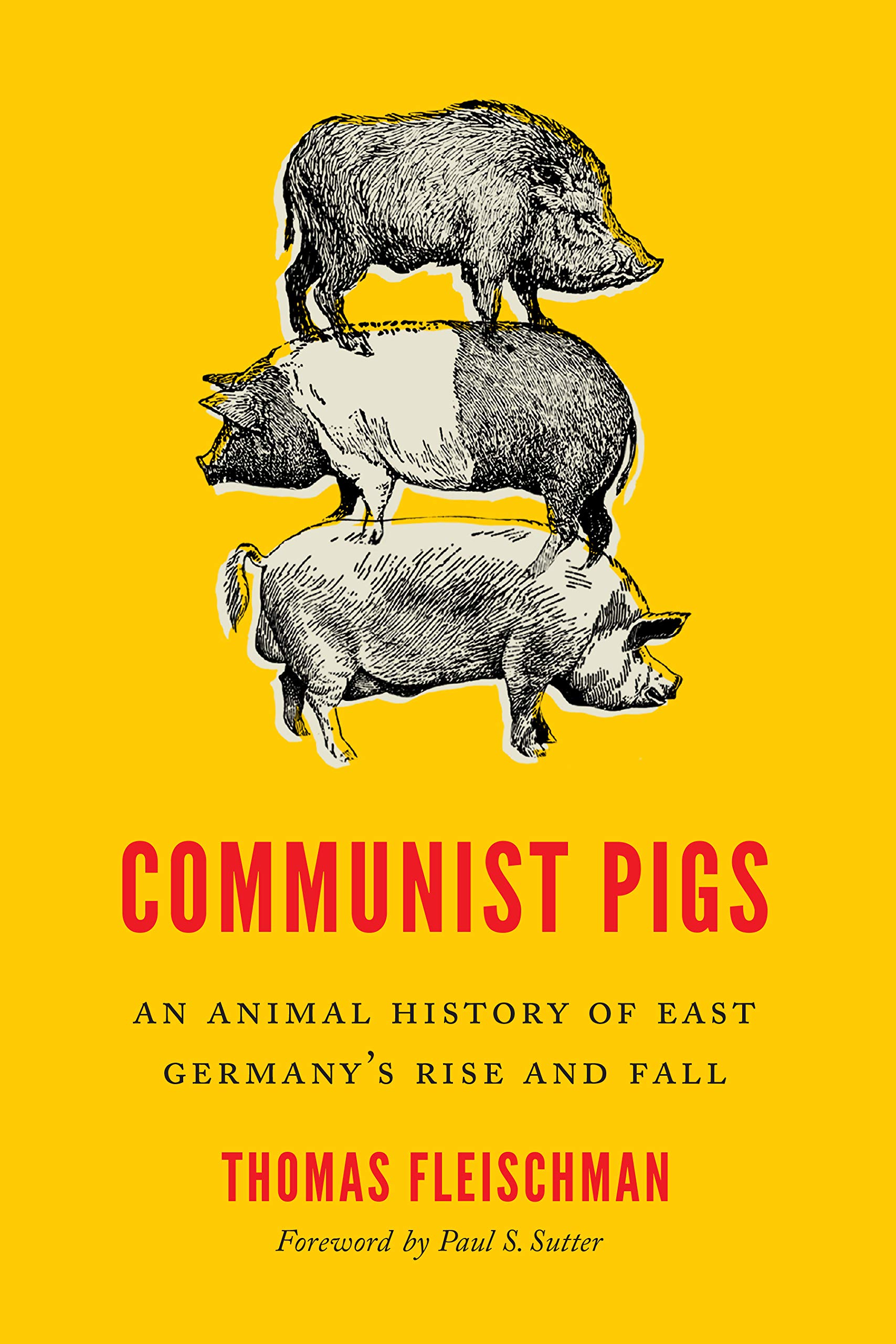 A yellow background with three pigs standing on top of each other book cover.