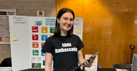 Daniela Bredin wears a T-shirt that says "EDGE Ambassador".
