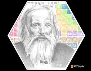 Portrait of Mendeleev drawn with pencil and periodic table created in colour crayon