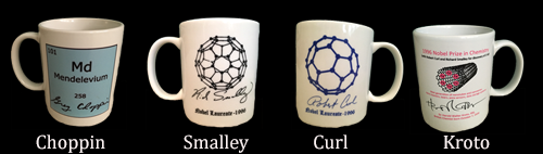 mug with elemental periodic table tile of mendelevium with Choppin’s signature, mug with image of a buckminsterfullerene molecule with Smalley’s signature, mug with image of a buckminsterfullerene molecule with Curl’s signature , mug with image of a carbon nanotube with Fe with Kroto’s signature  