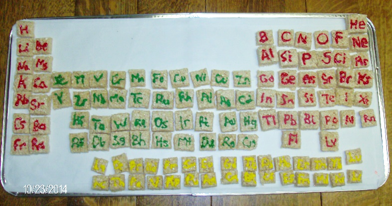 Rice Krispies squares arranged as a periodic table.