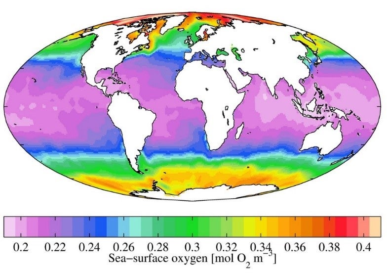 using colours to indicate concentrations of dissolved oxygen, a world map with showing a large band of purple around the equator to show there is less dissolved. Around the north and south pole there is darker read and orange to indicate a higher concentration
