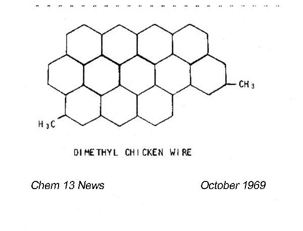 12 hexagons all attached which look like a molecule in a wire structure with a methyl group on either end of the molecule  &quot;dimethyl chicken wire&quot;