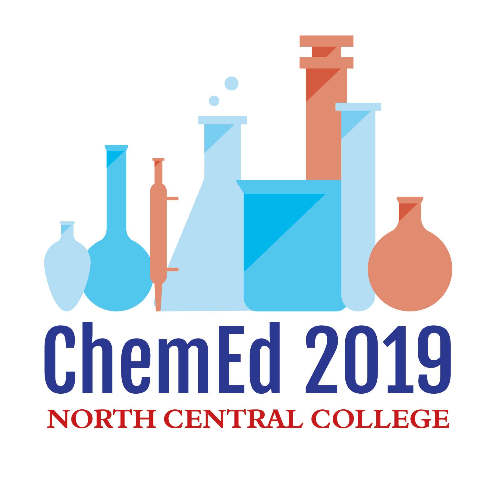 logo of ChemEd 2019 with illustrations of blue and red glassware