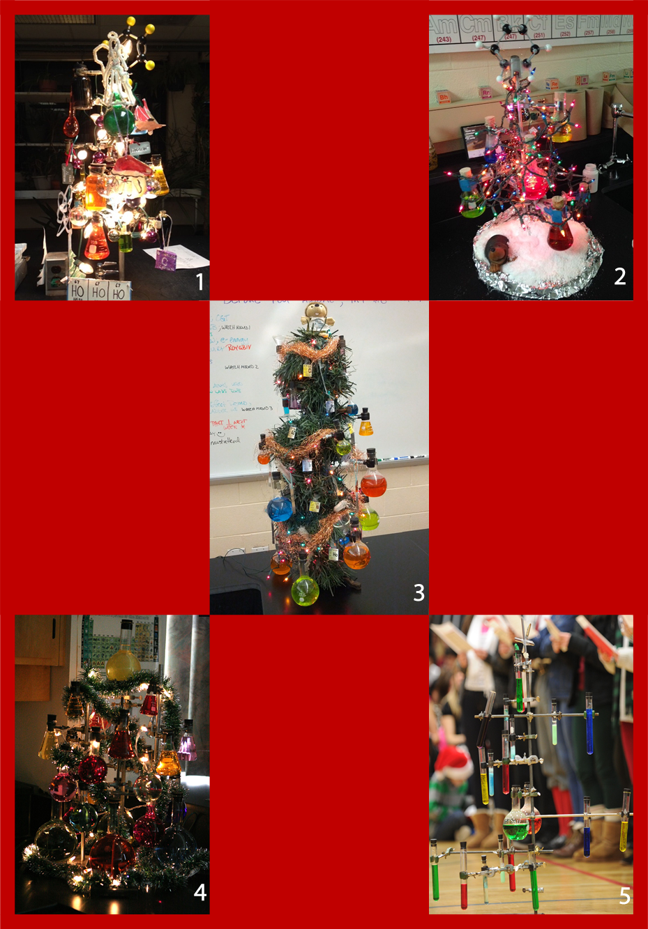 five chemis-trees made from classroom lab equipment and materials 