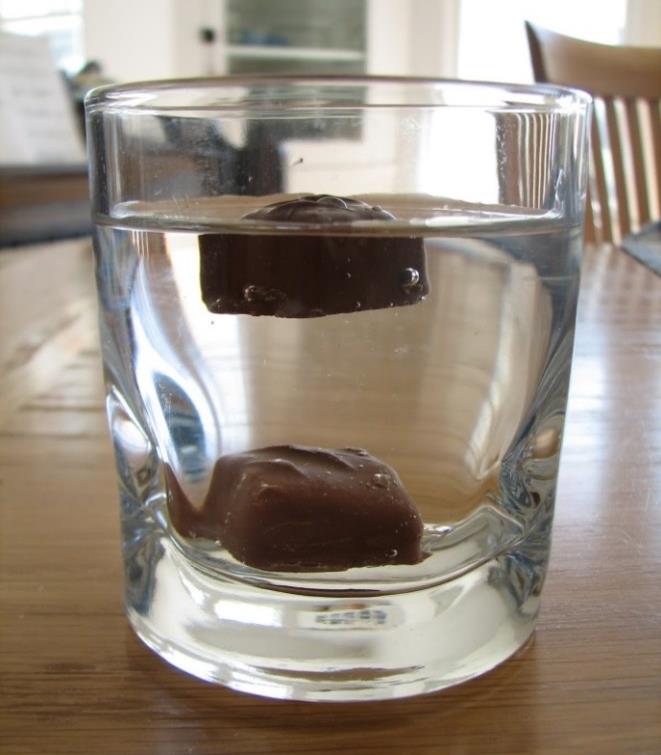 Clear glass of water with two squares of chocolate, one floating, the other one has sunk to the bottom.