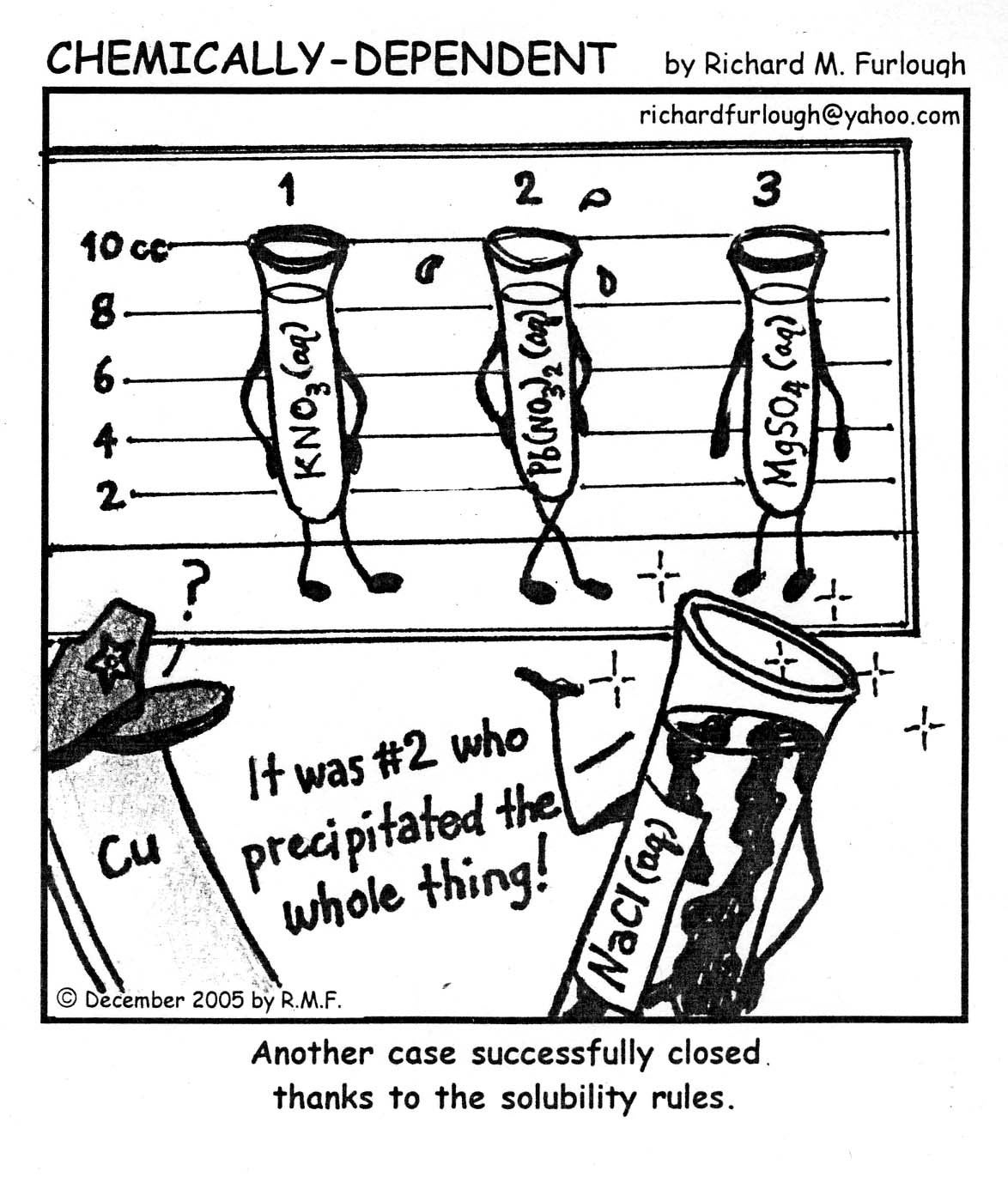 cartoon of three test tubes in a suspect line-up. Another test tube is a witness (NaCl) and he identifies test tube with lead(II) nitrate as the one precipitating the whole thing.