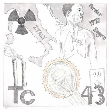 43. Technetium. Pen and ink drawing of radioactive symbol, lightbulb and electrical outlet, human with lungs superimposed, two smoke stacks, a map of Italy, 1937, Perrier and Segre names.