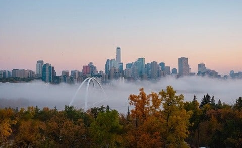 Toronto skyline with fog and bridge