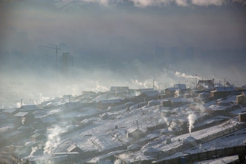 Mongolia houses in winter with air pollution