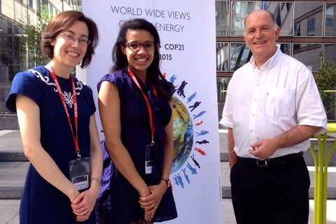 UW's Vanessa Schweizer and Teresa Branch-Smith with World Wide Views organizer, Yves Mathieu, at a training session in Paris