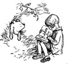 Winnie the Pooh sticking his head out of a tree listening to Christopher Robin read. 