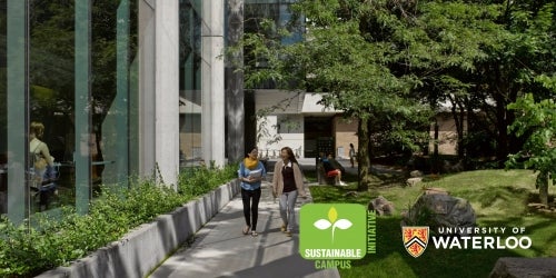 An Eco-Summit banner showing students walking near the Peter Russell rock garden.