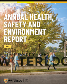 Annual Health, Safety and Environment report front cover showing an outdoor campus scene.