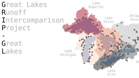 Great Lakes Runoff Intercomparison Project showing map of Great Lakes and sample site locations