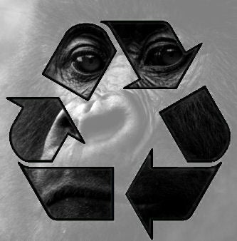 recycling symbole superimposed on photo of baby gorilla face in background
