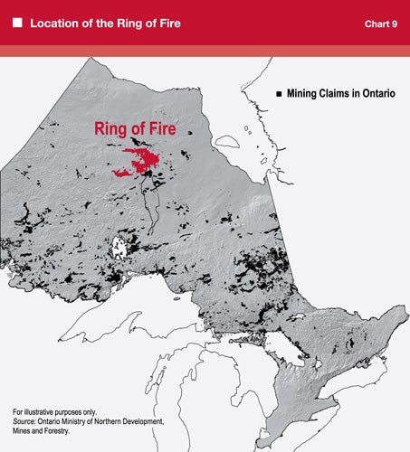 map of ontario illustrating the location of the chromite ring of fire