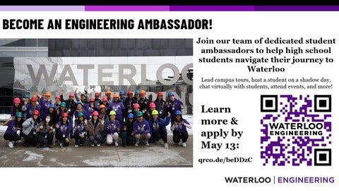 Join our team of dedicated student ambassadors to help high school students navigate their journey to Waterloo. Apply by May 13th!