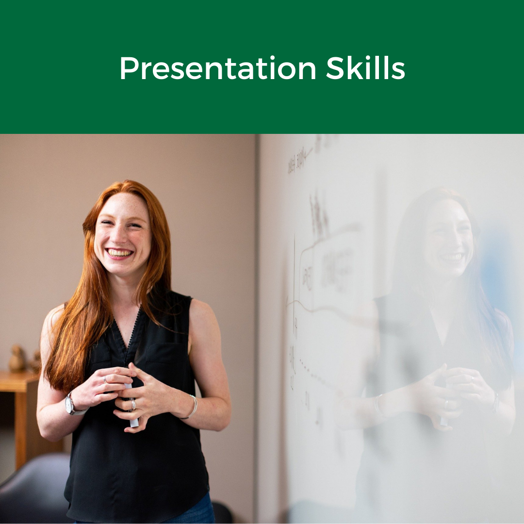 presentation skills in green banner above a picture of a woman in front of a white board