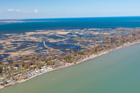 aerial side view of the Long Point causeway, Ontario