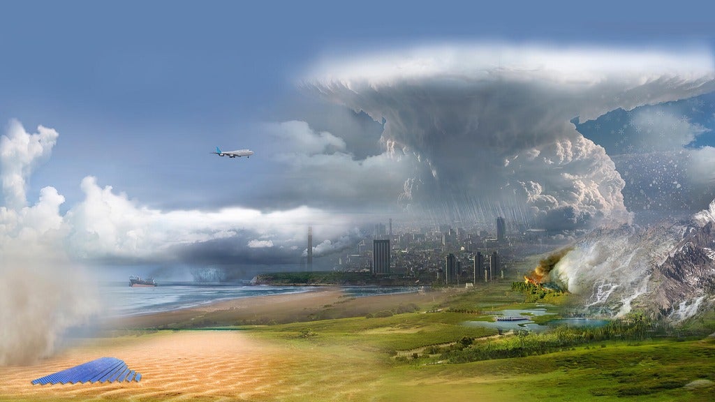 Image of a series of natural disasters like tornado, forest fires, and torrential rains.