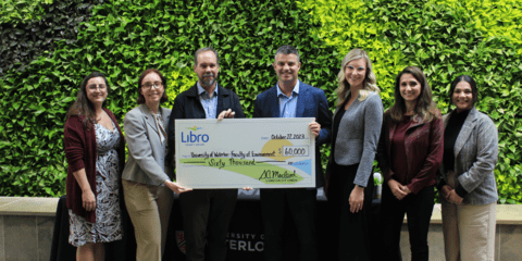 Faculty of Environment and Libro Credit Union representatives holding a large cheque.