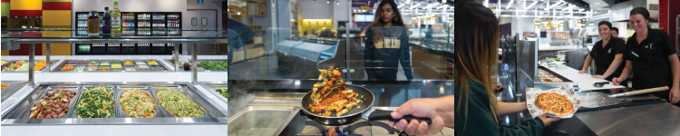3 pictures including one of the salad bar, one of stir fry being flipped in pan and one of staff member handing a student pizza