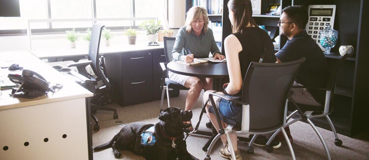 Two students with a guide dog talking with a professor at a desk