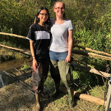Chloe and Shelby, two Environmental Science students wearing waders.
