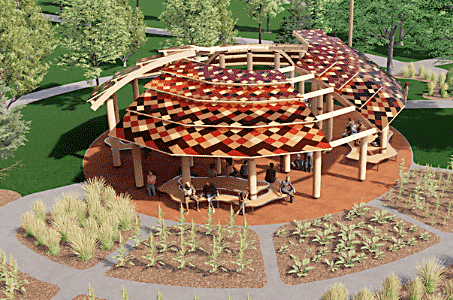 Drawing of the new outdoor space showing trees and the three part roof in oranges and browns