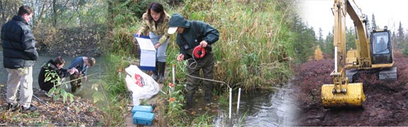 Three part image of researchers performing field work