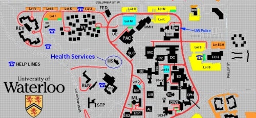 Waterloo campus map showing location of Health Services