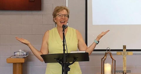 Sue Campbell giving a speech