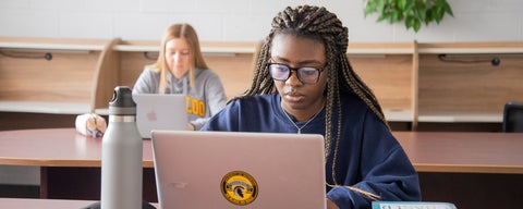 Two students wearing UWaterloo hoodies typing on their laptops in class