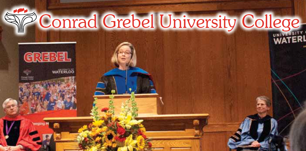 Conrad Grebel University College logo with a photo of Dr. Huxman speaking on the podium in her inauguration.