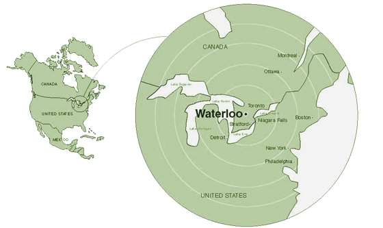 A map of North America with a pop out map showing where Waterloo is