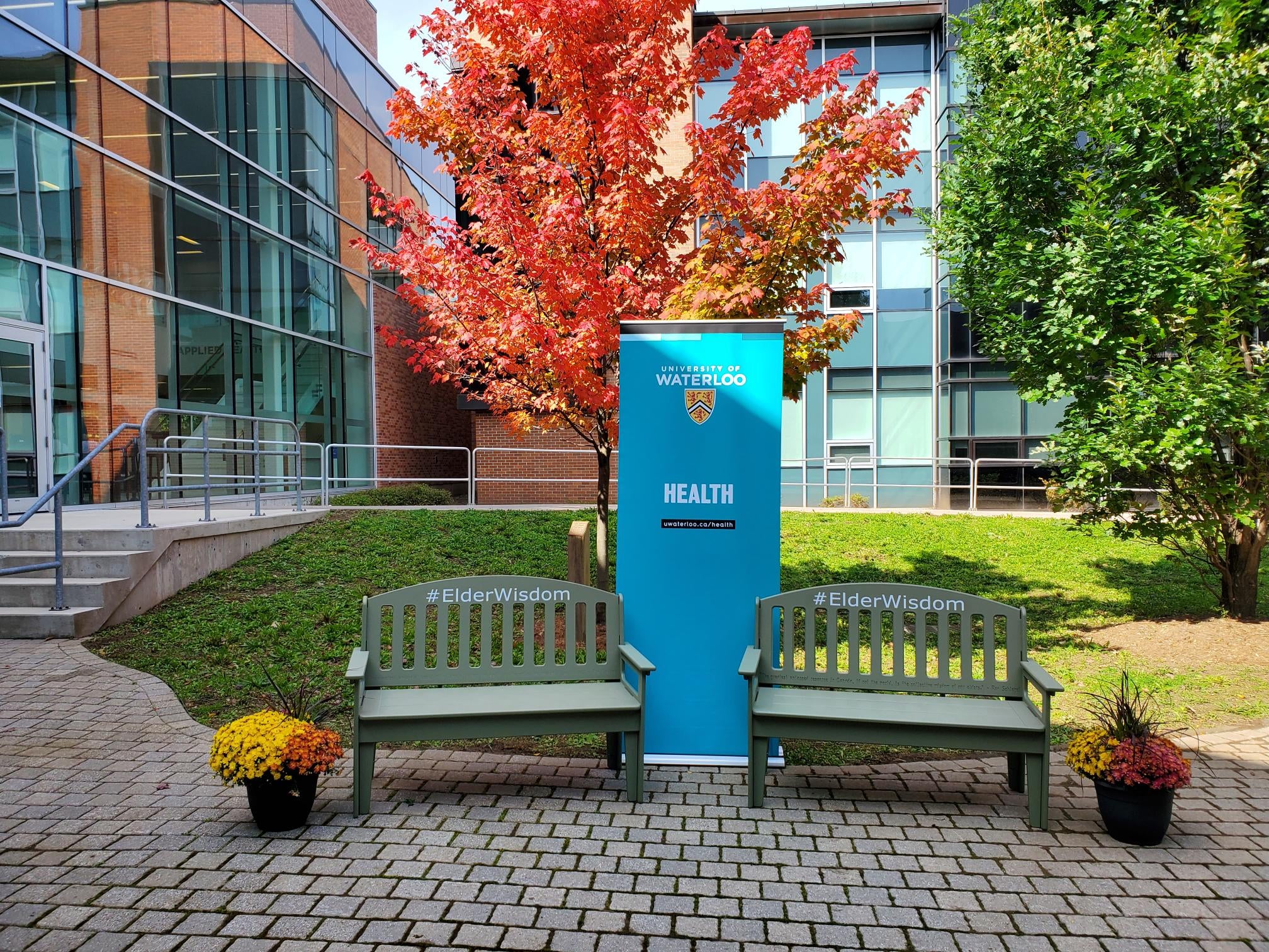 Elder wisdom benches in the BMH courtyard with a Health banner in between.