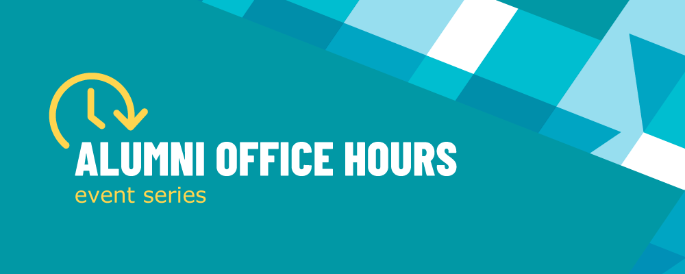Alumni Office Hours text with a clock graphic