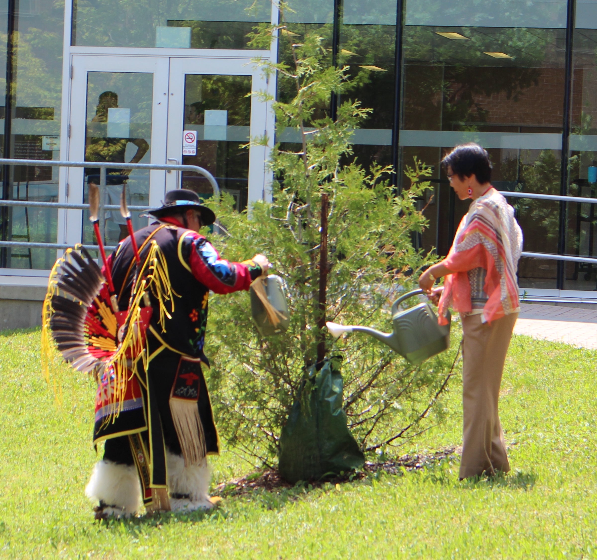 Dean Liu and Elder Henry watering cedar plant