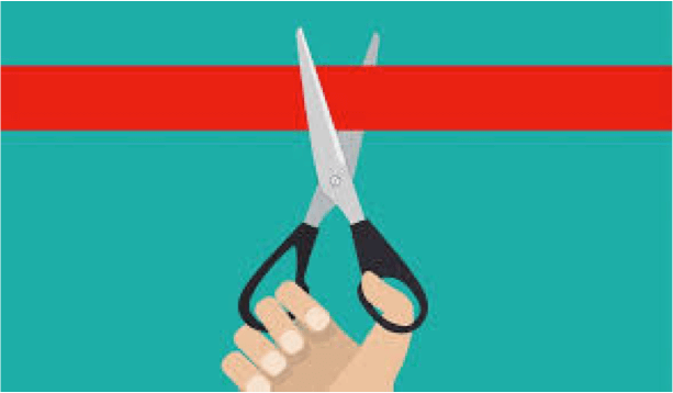 An illustration of a hand holing scissors cutting a red ribbon