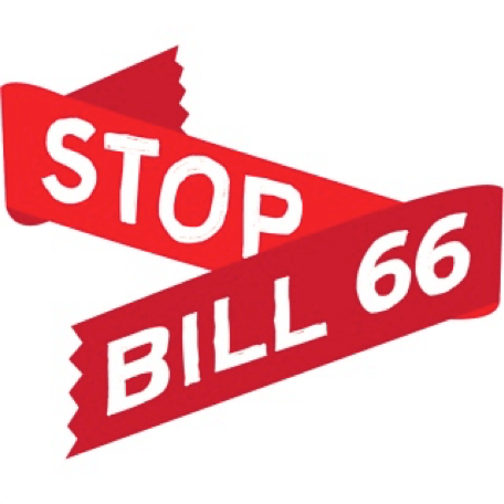 An illustration of a ribbon reading "Stop Bill 66"